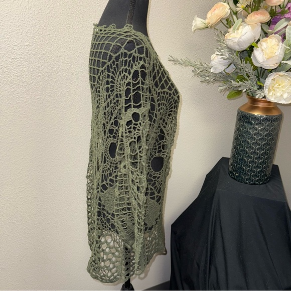 Cato Olive Green Crochet Knit Top Boho Sheer Long Sleeve Festival 14/16W - Picture 4 of 8